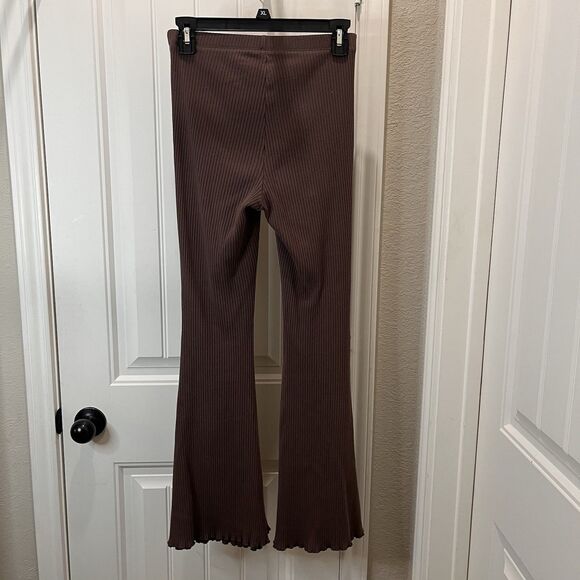 Aerie Kick-It Ribbed Mid Rise Super Flared Pants Brown Womens Size S Pull On - Picture 6 of 11